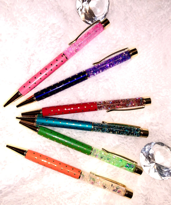 Glitter Snow Globe pen with hearts and glitter (Refillable)